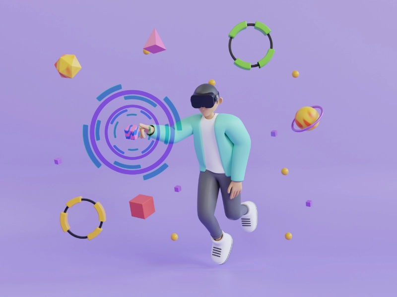 alt=\"Erişilebilir XR deneyimini temsil eden VR gözlük takan stilize karakter, dijital nesnelerle etkileşim kurarken renkli ve kapsayıcı bir sanal ortamda konumlanmış.\"