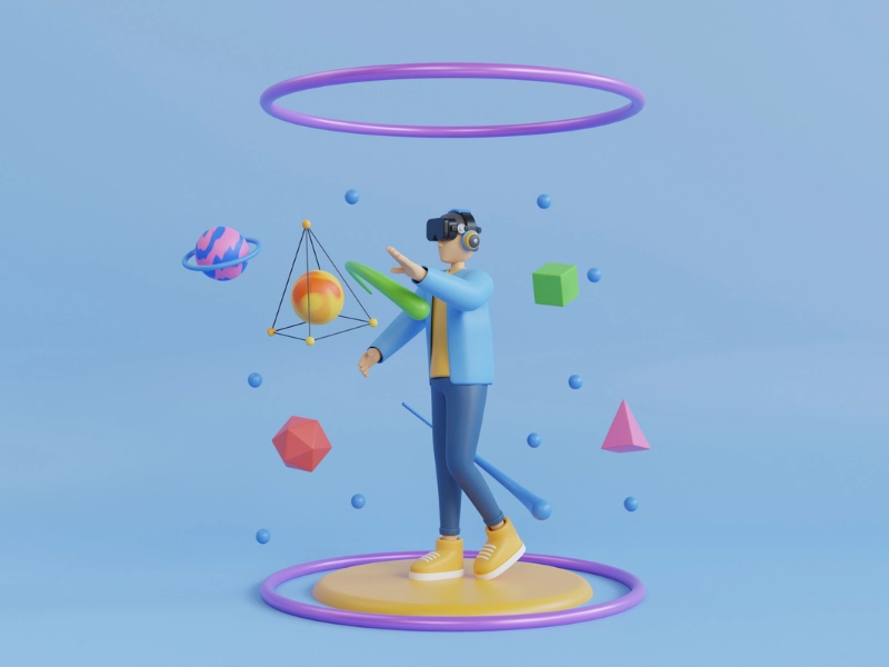 "Erişilebilir XR deneyimini temsil eden VR gözlük takan stilize karakter, dijital nesnelerle etkileşim kurarken renkli ve kapsayıcı bir sanal ortamda konumlanmış.\"