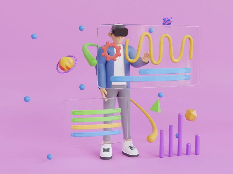 Erişilebilir XR deneyimini temsil eden VR gözlük takan stilize karakter, dijital nesnelerle etkileşim kurarken renkli ve kapsayıcı bir sanal ortamda konumlanmış.
